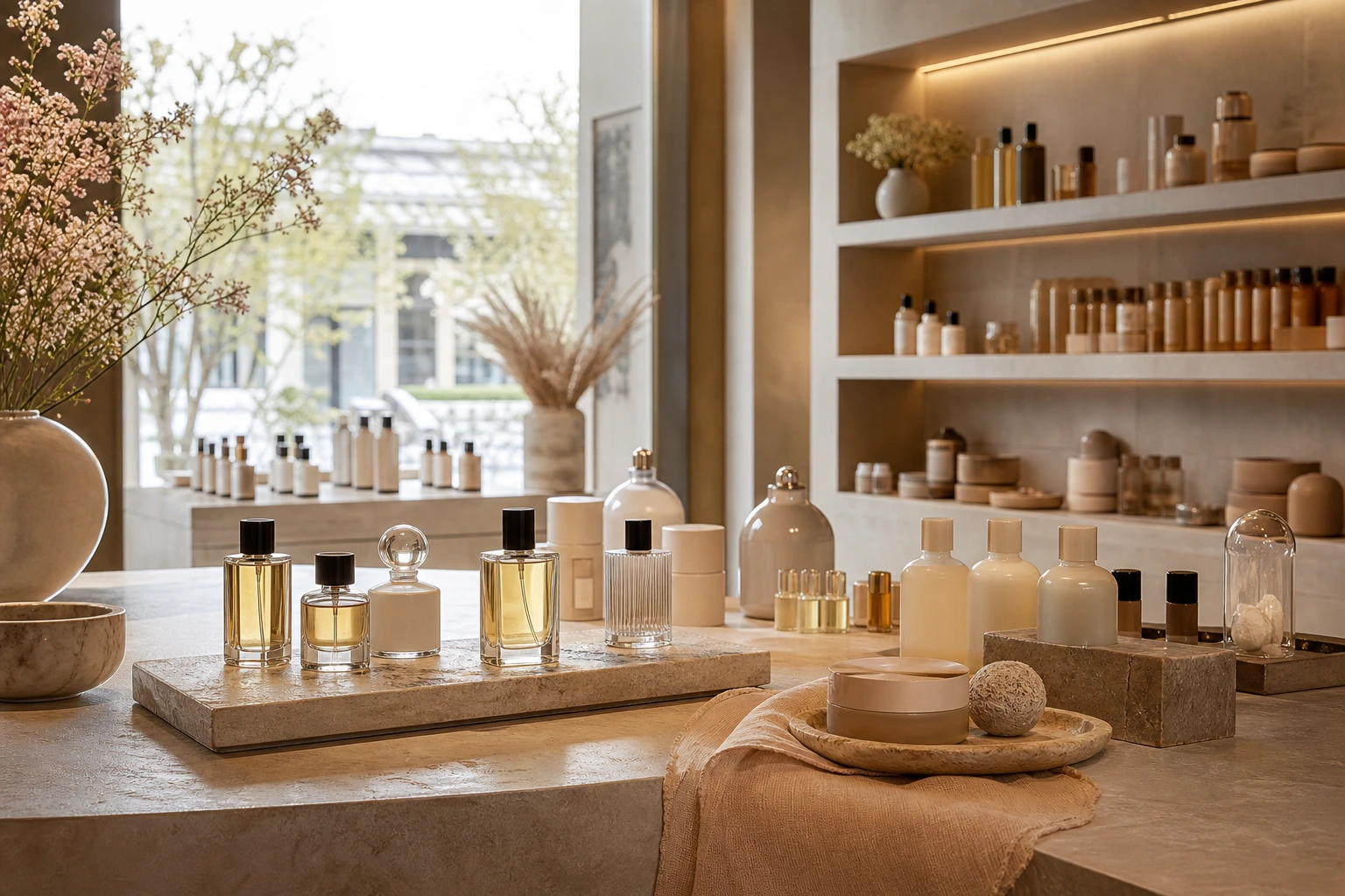 Fragrance bottles arranged on a stone vanity tray with soft daylight