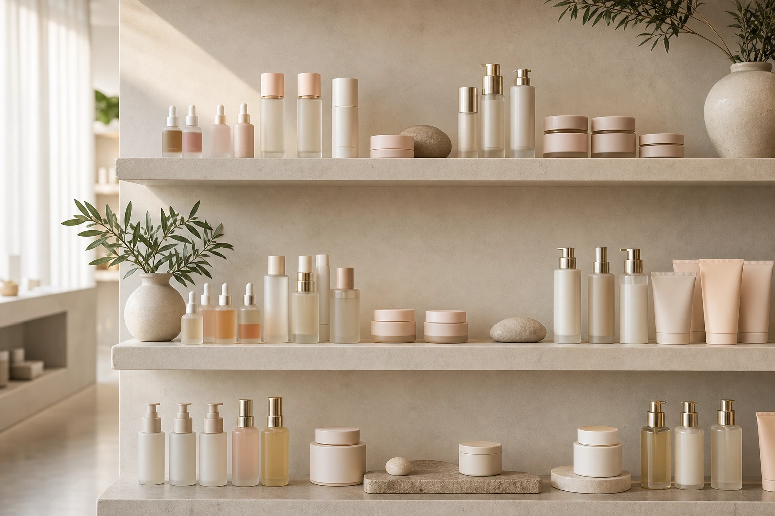 Skincare shelf with creams serums and neutral premium packaging