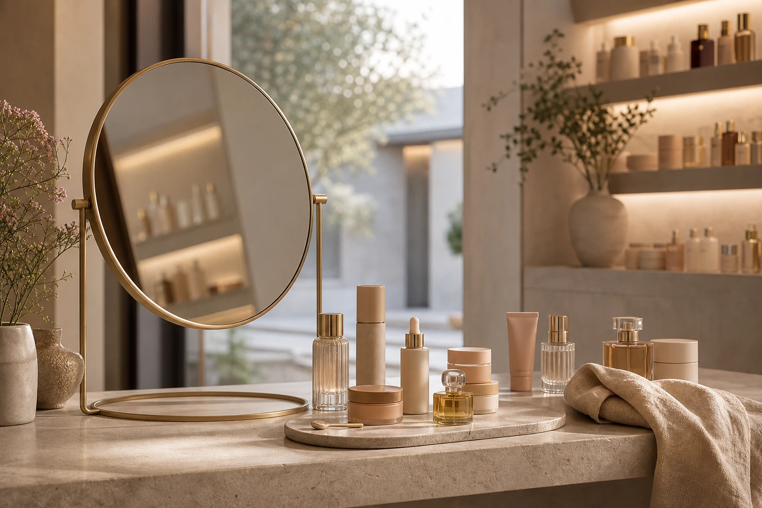 Vanity mirror scene with calm beauty products and warm reflection light