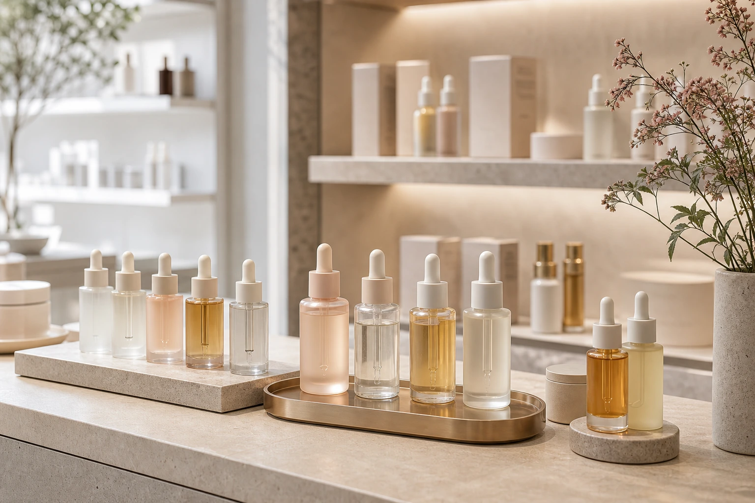 Serums and droppers lined up on a clean beauty counter