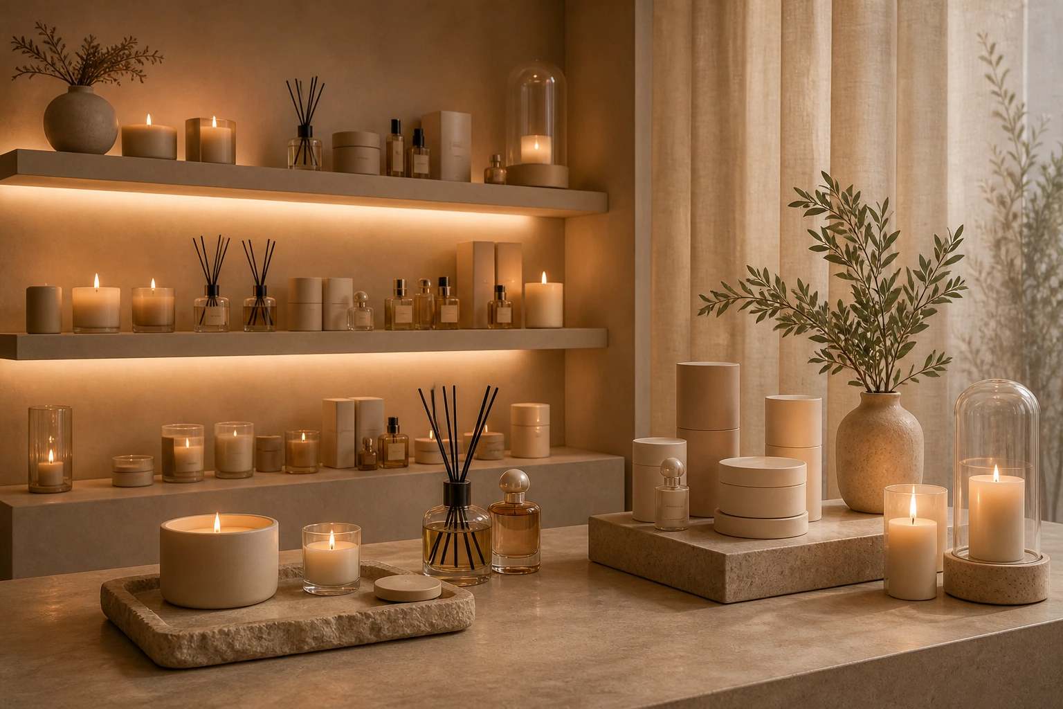 Calm candle and fragrance corner inside a minimal beauty boutique