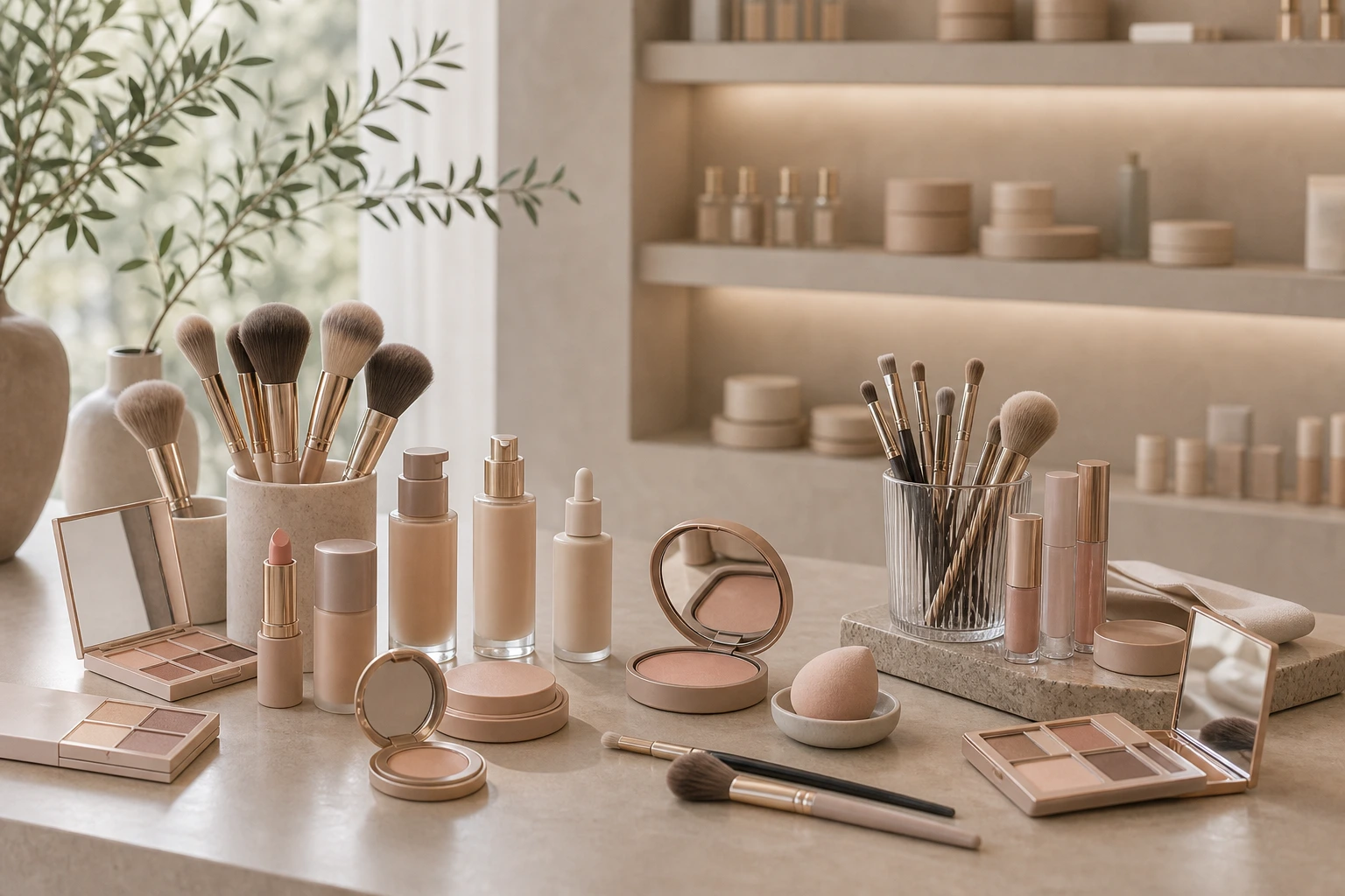 Makeup table with brushes palettes and premium neutral tones