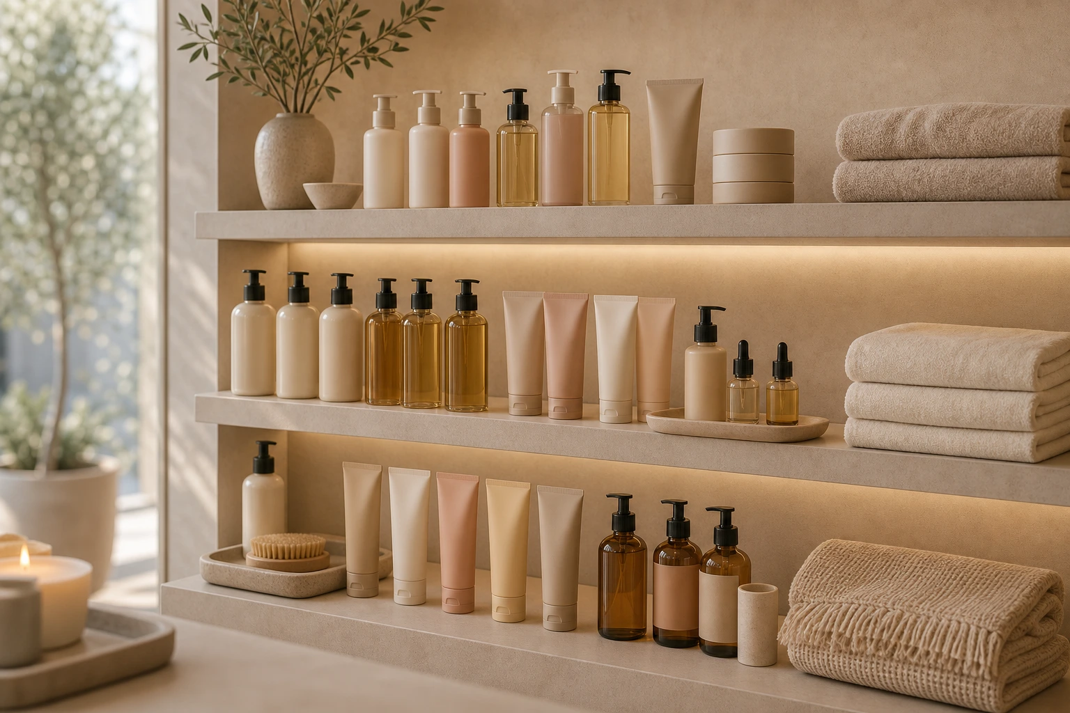 Hand creams and body care products arranged on a boutique shelf