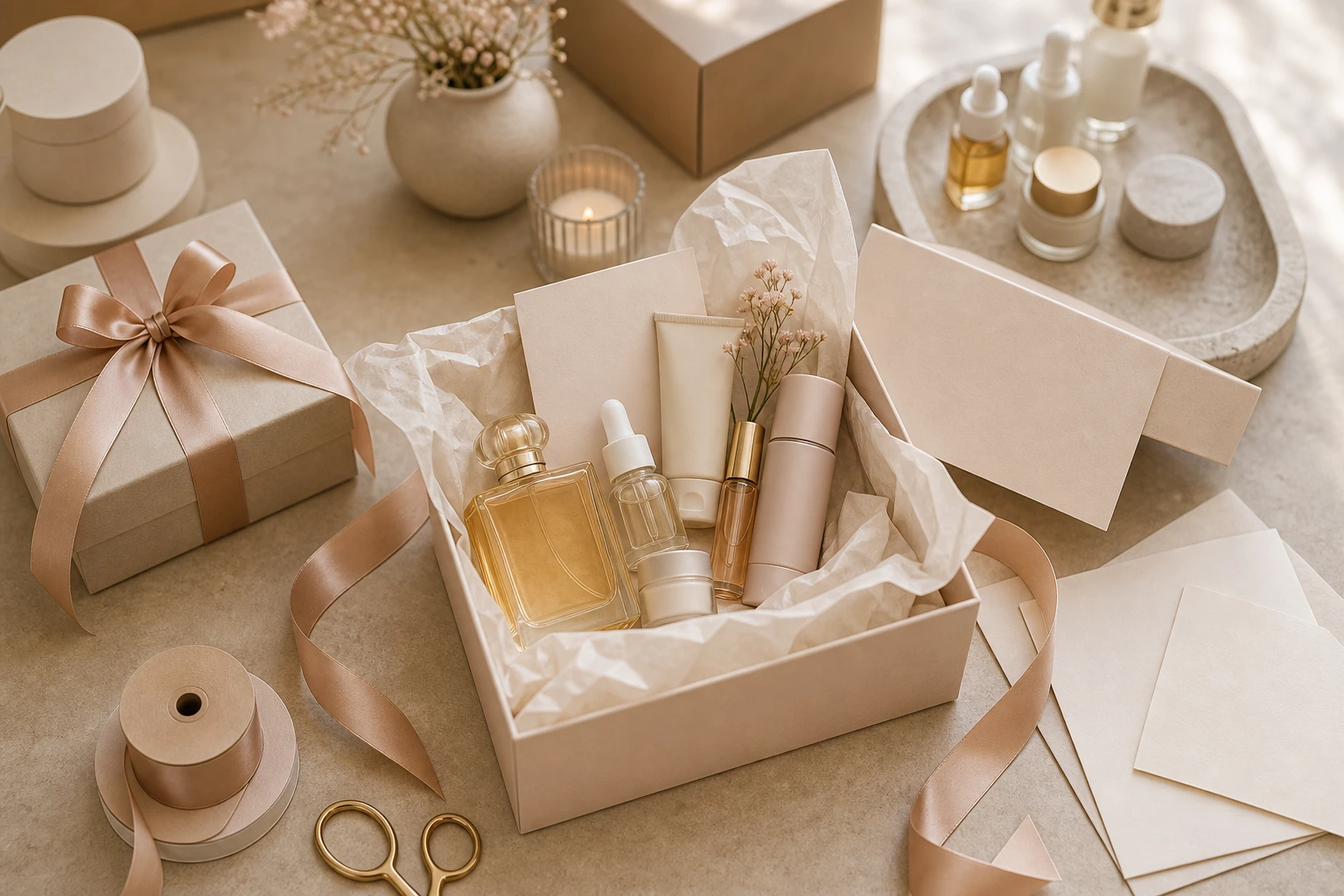 Beauty gift box with ribbon tissue paper and curated product pairing