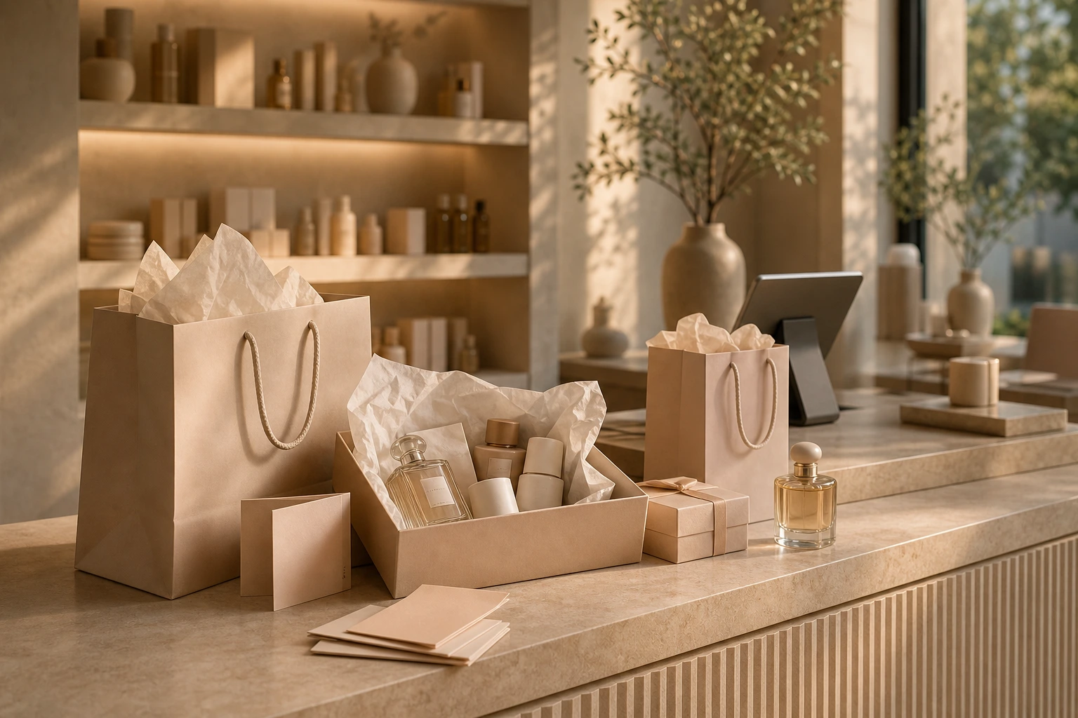 Boutique checkout wrap with premium bags cards and beauty purchases