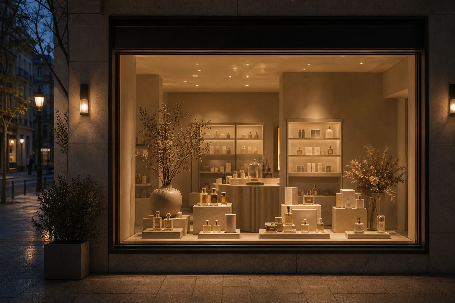 Beauty storefront window glowing softly in the evening