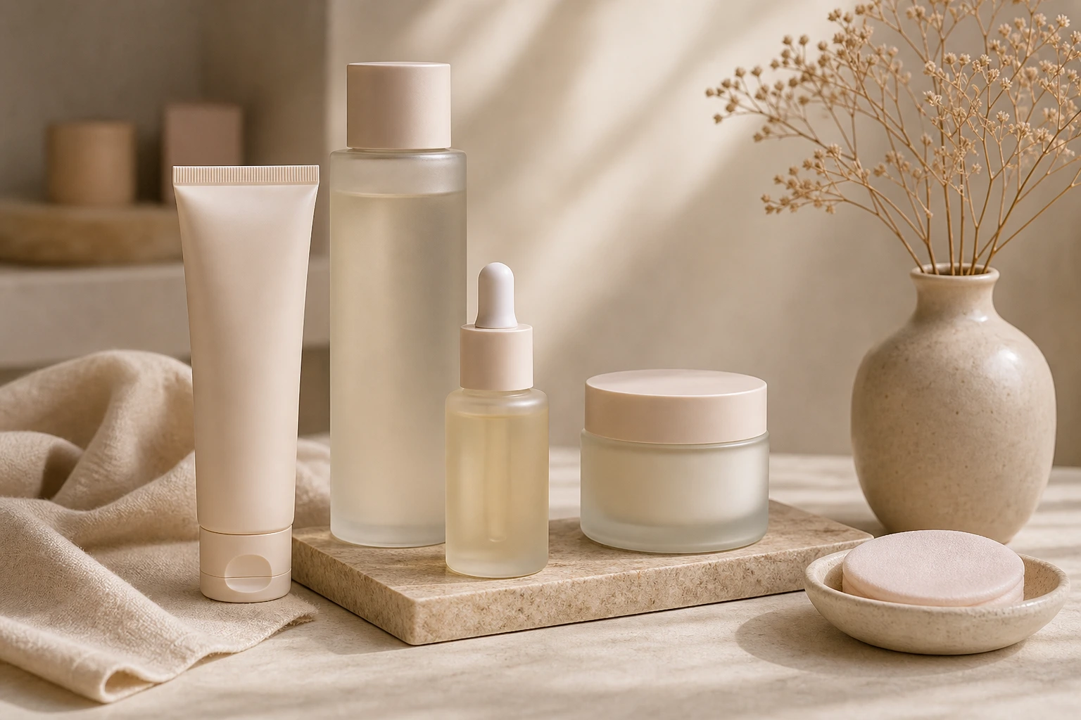 Skincare routine products arranged for a calm category card