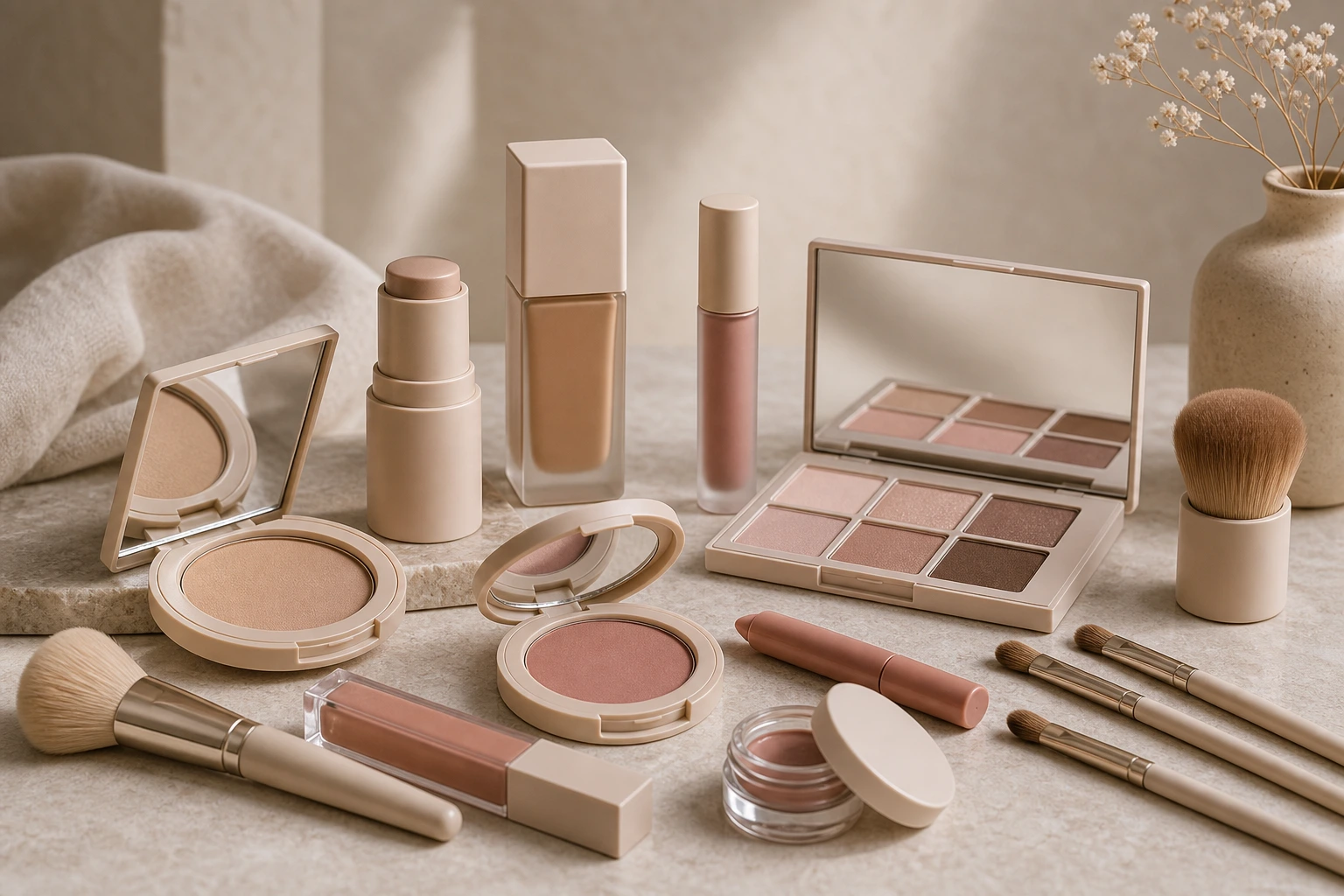 Makeup essentials staged for a clean editorial beauty card