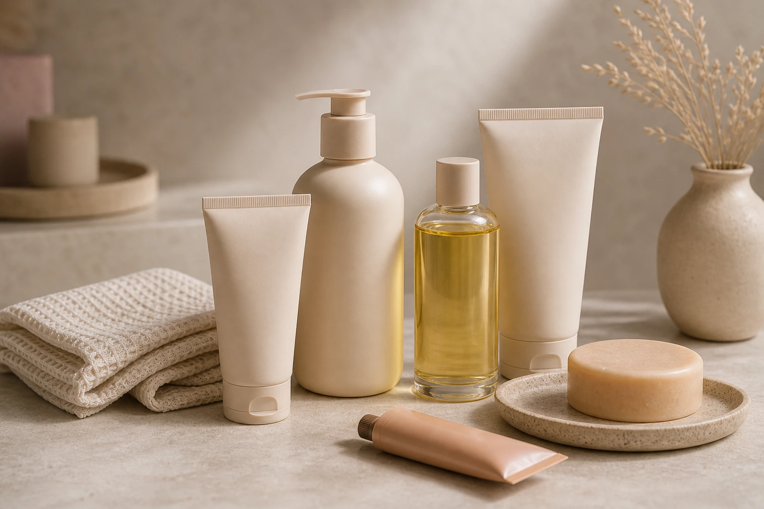 Body care and hand care products laid out for a beauty storefront card